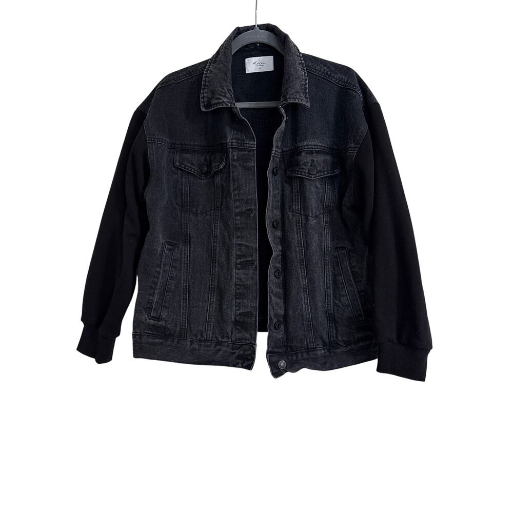 Kan Kan Black Denim Button Up Jacket with Sweatshirt Sleeves, Medium